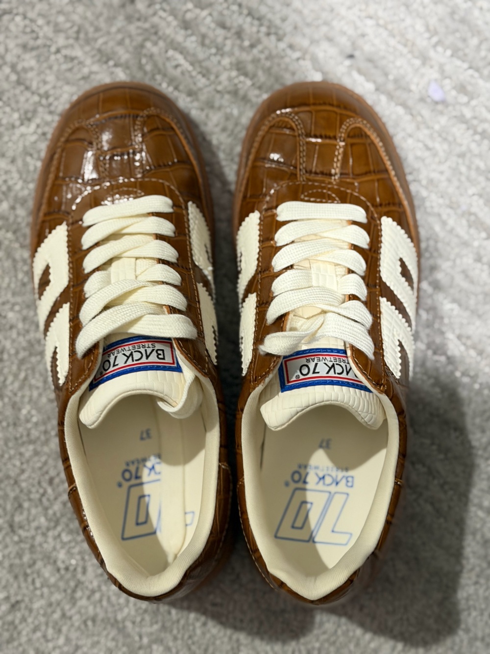 From Anthropology Brown Faux-Croc Sneakers with Cream Accents